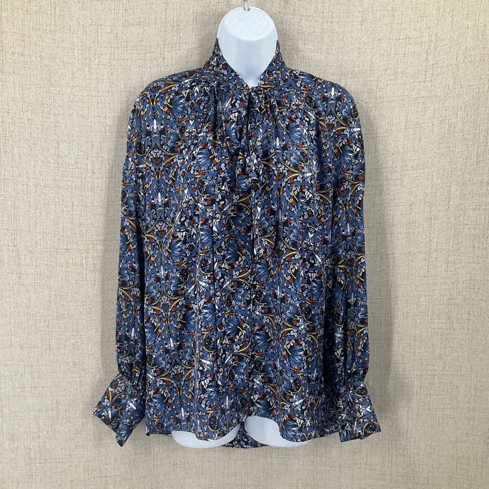 Zara Blouse Womens M Blue Floral Tie Neck Boho Classic Office Botanical